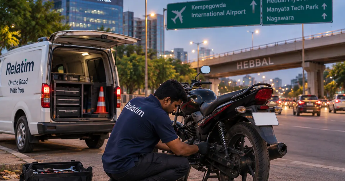 Relatim mechanic servicing a two-wheeler at the roadside near Hebbal Flyover and Manyata Tech Park, Bangalore